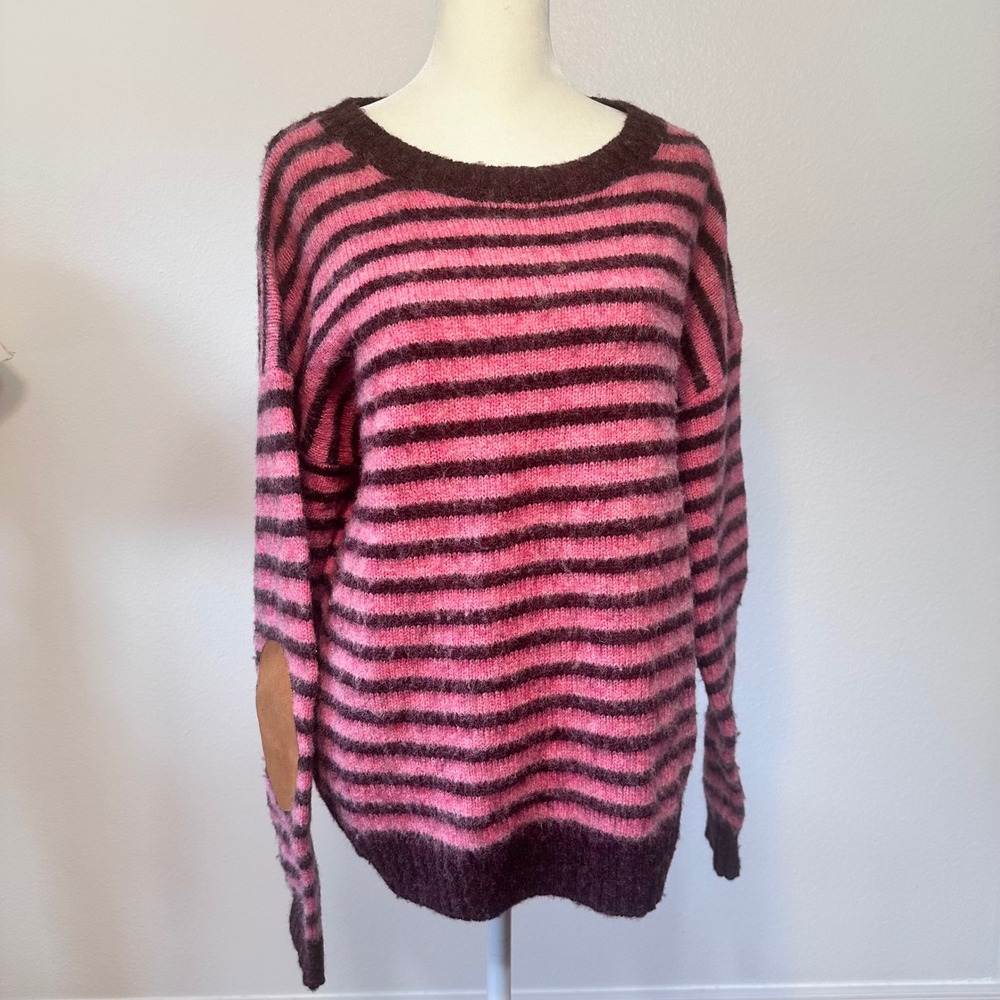 J.Crew Preppy Striped Elbow Patch 100% Wool Sweater Women M Pink Burgundy